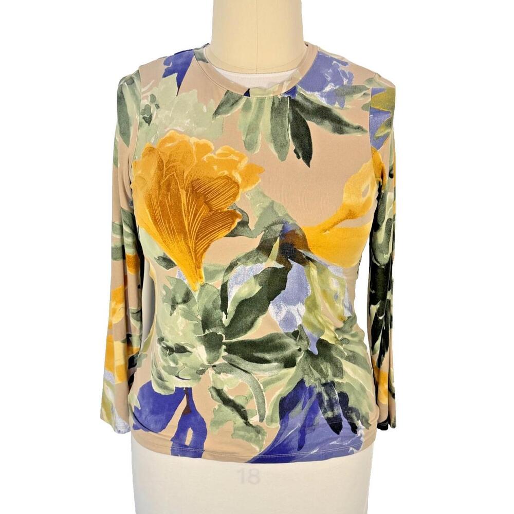 Chico's Knit Shirt Women's L (2) Beige Yellow Green Watercolor Floral Crew Neck